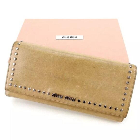 miumiu Wallet Purse Long Wallet Beige Silver Woman Authentic Used